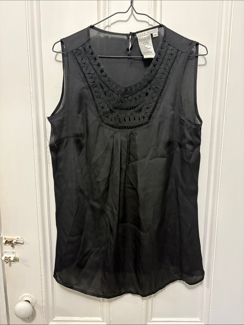 Fred David Black Sleeveless Crochet Yoke Blouse